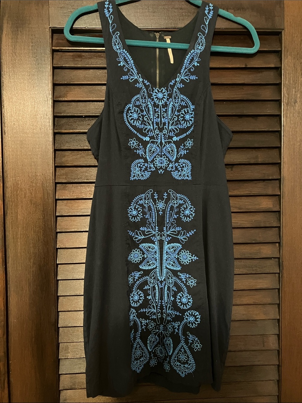 Free People Black Mini Dress with Blue Embroidery